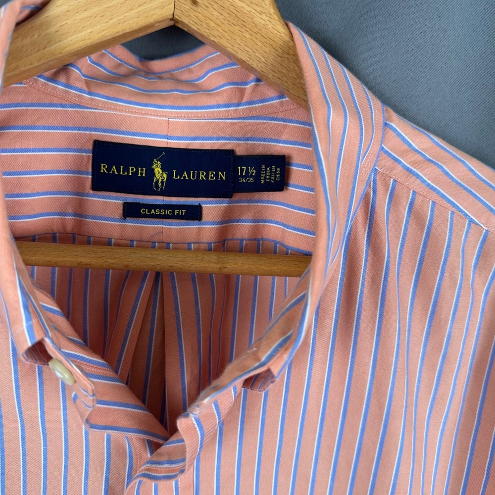 Ralph Lauren Mens Classic Fit Striped Button Down Shirt Orange Blue 17.5 34/35 - Picture 7 of 8